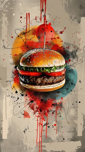 Photo artistic hamburger poster with vibrant paint splashes perfect for modern design print or posters