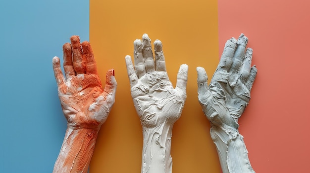 Photo artistic hand casts on colorful background