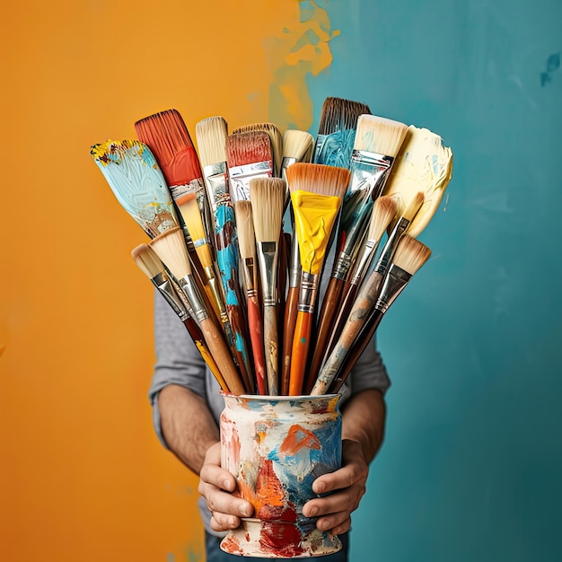 Artistic hands hold a pot brimming with paintsmeared brushes against an orange backdrop