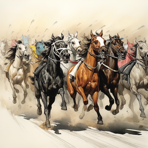 Artistic Horses Running in a Group on a Racetrack