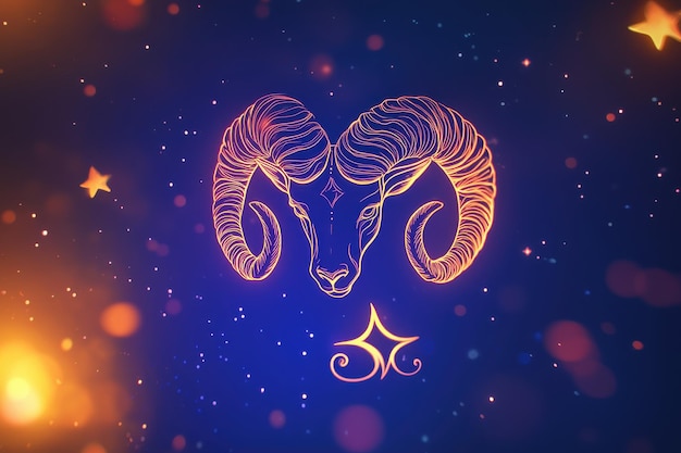 Photo artistic illustration of the aries zodiac sign with glowing ram horns and stars against a cosmic background