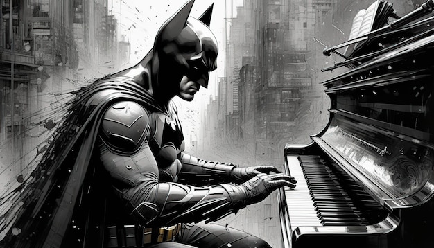 Artistic Illustration of a Batman Playing the Piano