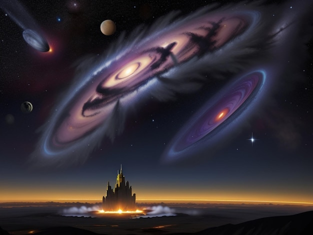 An artistic illustration of a castle and planets