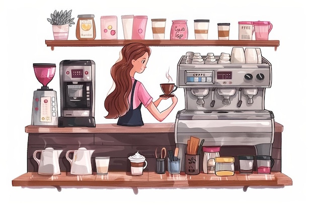 Artistic Illustration of Coffee Shop with Barista and Espresso Machine