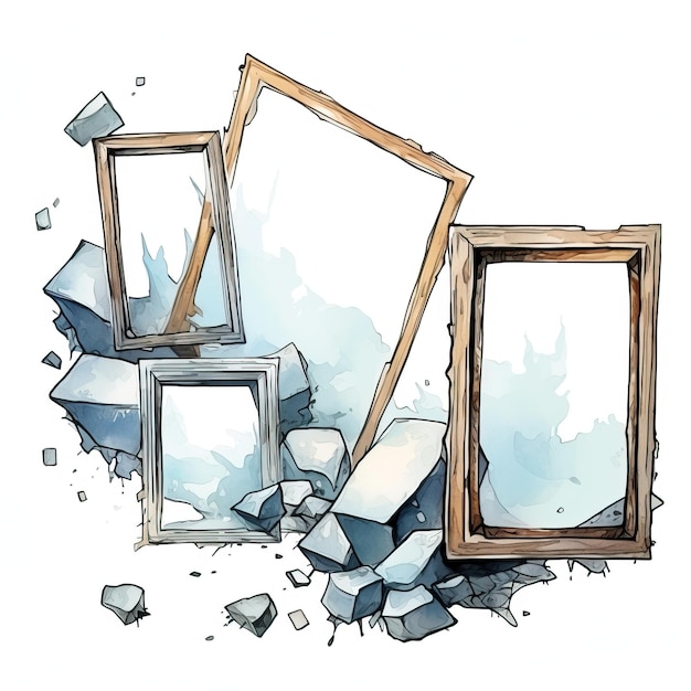 An artistic illustration of empty photo frames surrounded by debris symbolizing creativity and transformation in art