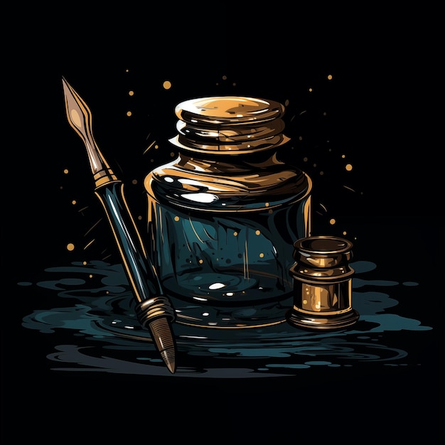 Artistic illustration of a fountain pen and inkwell on a dark background World Writers Day 21 March