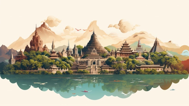 an artistic illustration of iconic Indonesian landmarks