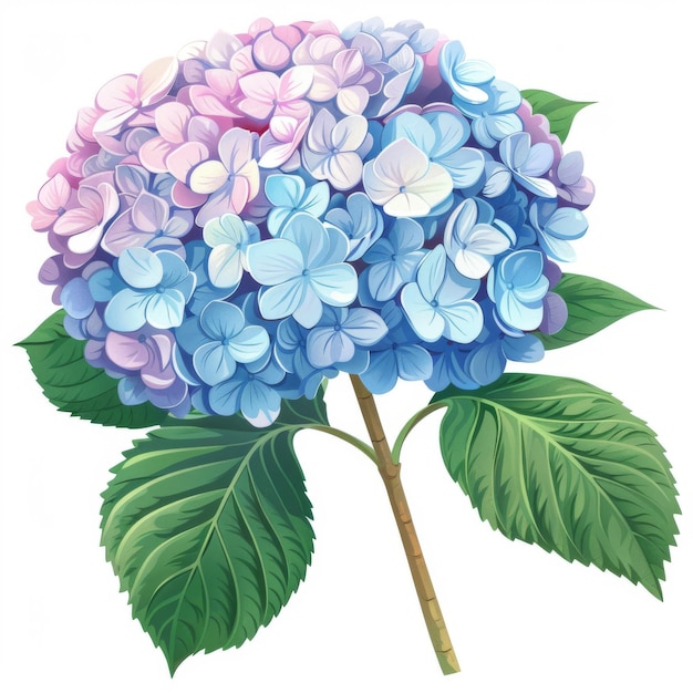 Photo artistic illustration of a lush blue hydrangea with detailed petals and leaves ideal for botany studies