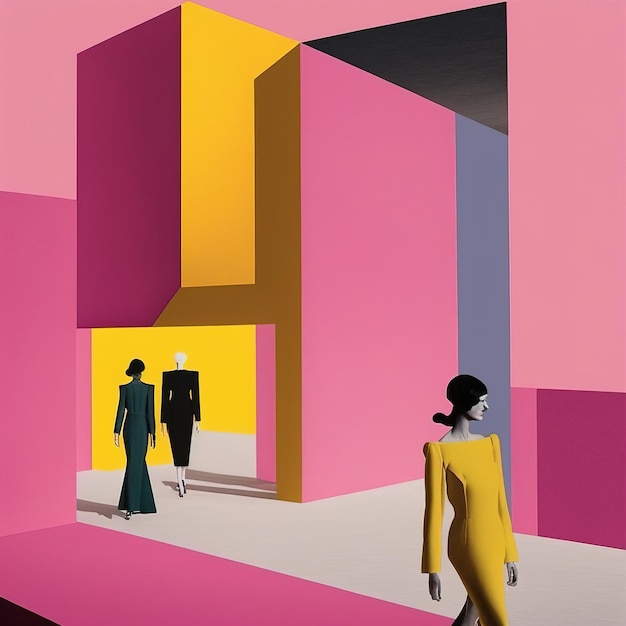 artistic illustration of person and architecture geometry colors and shadows fashion