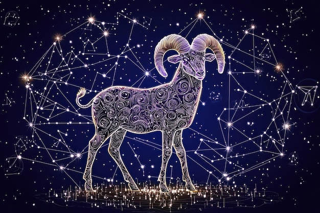 Artistic illustration of a ram star sign constellation against a night sky