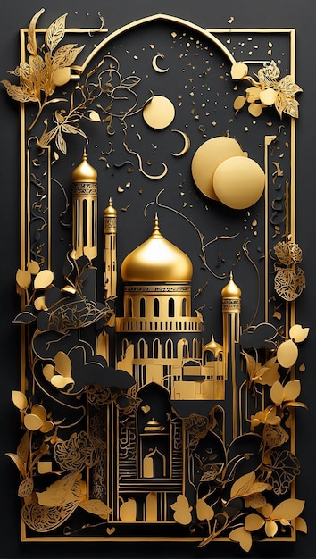 artistic illustration represents Ramadhan with black and gold vibes