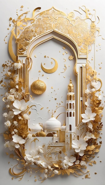 artistic illustration represents Ramadhan with white and gold vibes