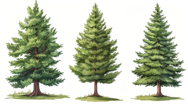 Artistic illustration of three lush green fir trees perfect for educational or environmental themes