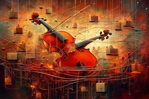 An artistic illustration of a violin surrounded by inspiring abstract designs and lines Ai generated