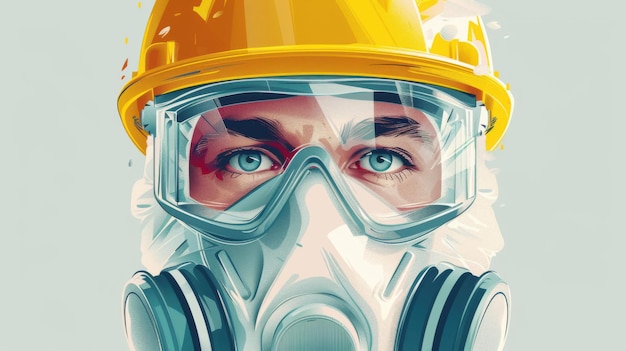 Artistic illustration of a worker wearing a gas mask and helmet highlighting safety and protection in hazardous environments