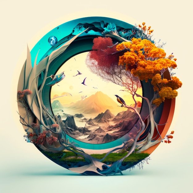 An artistic image of circle with trees and mountains Generative AI