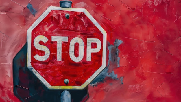 Artistic impression of a stop sign with textured red background and visible brush strokes