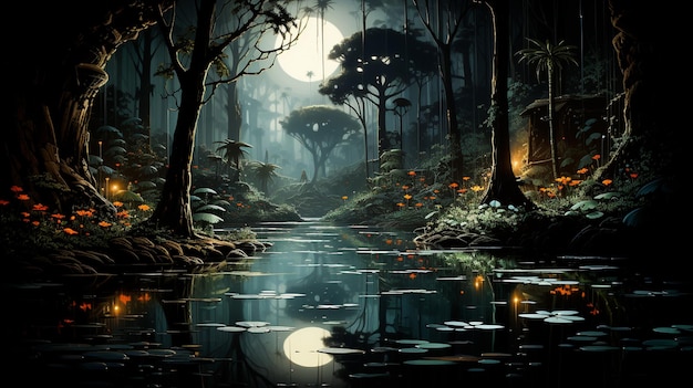 An Artistic Interpretation Of Jungle Life At Night