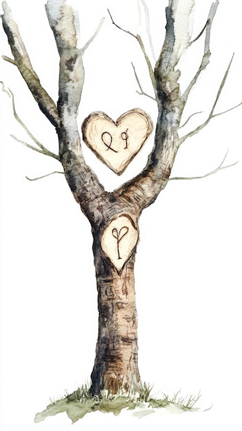 Photo artistic interpretation of a tree with heart carvings showcasing love in a whimsical natural setting