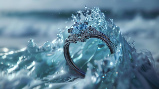 Photo artistic jewelry ad ring merging ocean wave and diamond