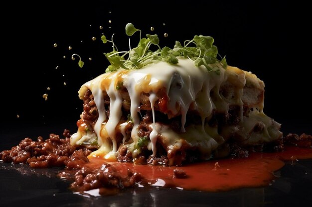 Artistic Lasagna with Mozzarella Drops Traditional lasagna food photography