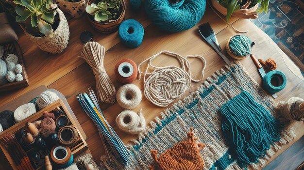 Photo artistic layout of macrame crafting materials on a flat background