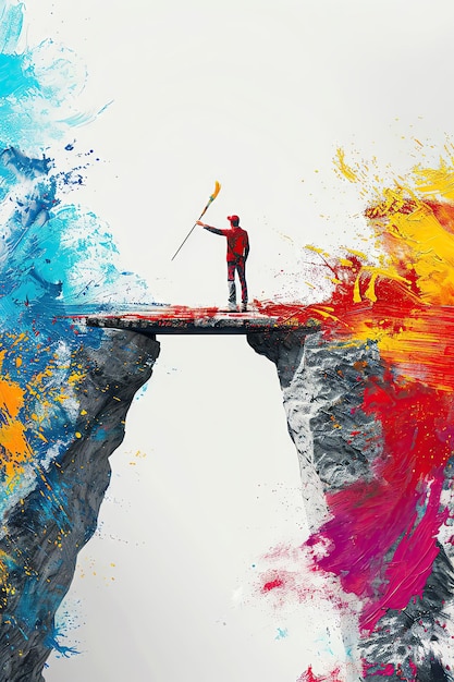 Artistic Leap Figure at a divide brush in hand painting a bridge of brilliant hues illustrates innovative solutions close shot with empty background