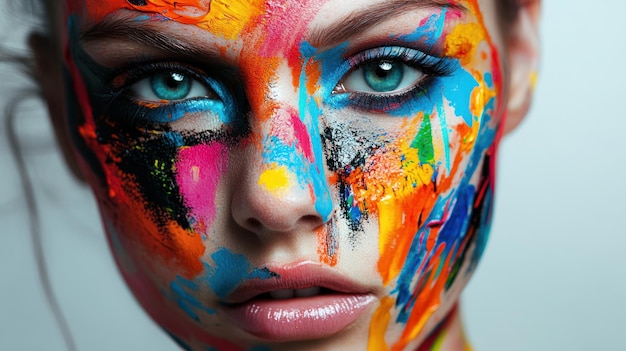 Artistic makeup mimicking an abstract art piece with splashes of vivid colors and unusual shapes on the face