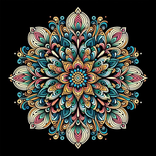 Artistic mandala design featuring floral elements and vibrant geometric patterns