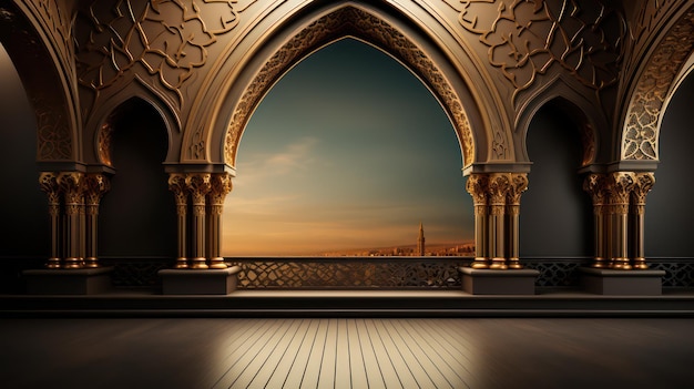 Artistic and Modern Middle Eastern Architecture Interior Building Design with podium and beige elements in Arabic minimalist style Podium in the style of Ramadan Eid Mubarak