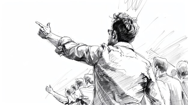 Photo artistic monochrome sketch of a person passionately speaking and pointing forward dynamic and expressive illustration