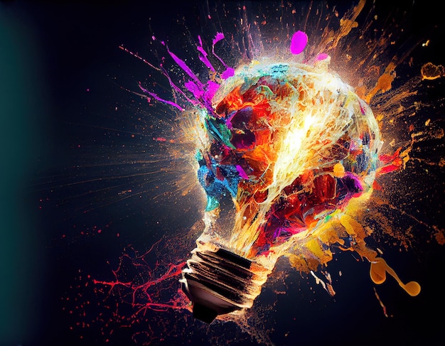 Artistic multicolored explosion of paint in light bulbs simple idea multicolored light bulb Generative AI