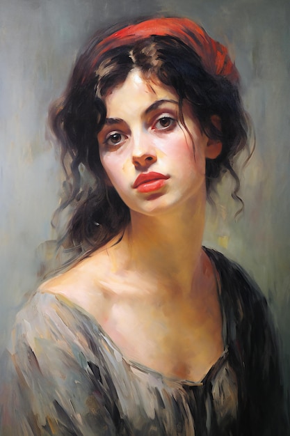 Artistic oil painting portrait of a beautiful young woman with black hair