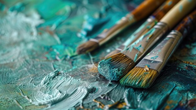 Artistic paintbrushes resting on a textured turquoise painted canvas