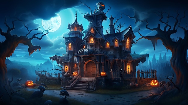 Artistic painting concept of Halloween background with pumpkin in a spooky Graveyard at night