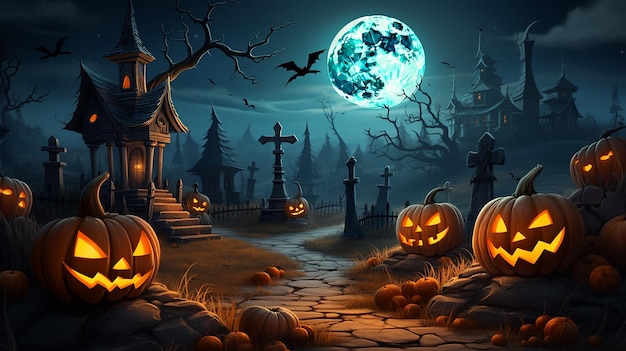 Artistic painting concept of Halloween background with pumpkin in a spooky Graveyard at night