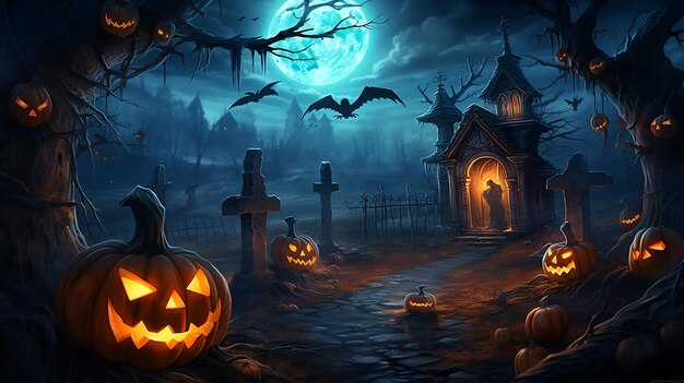 Artistic painting concept of Halloween background with pumpkin in a spooky Graveyard at night