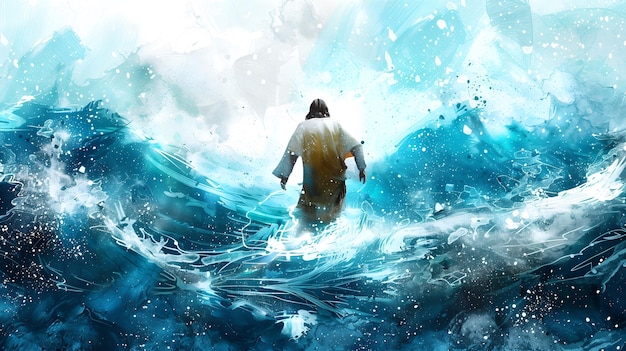 Artistic painting of rear view of Jesus Christ walking on the water at the sea