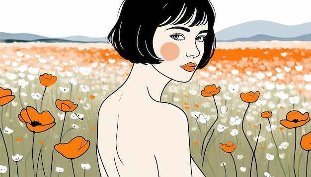 Artistic painting of a young naked woman in a blooming summer meadow