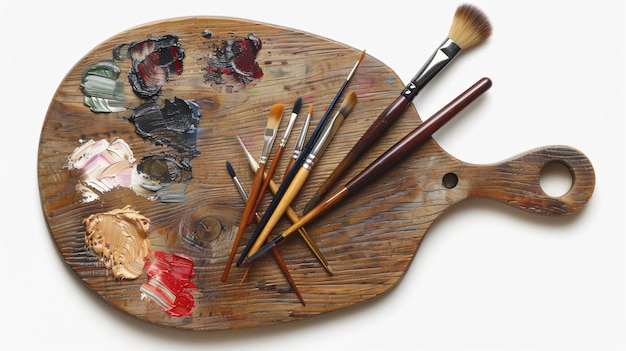 Photo artistic palette and brushes on wooden floor creative tool for painting