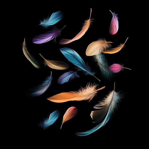 Photo artistic photo of colorful feathers falling