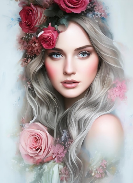 Artistic portrait of a beautiful woman surrounded by roses