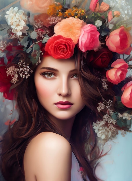 Artistic portrait of a beautiful woman surrounded by roses.