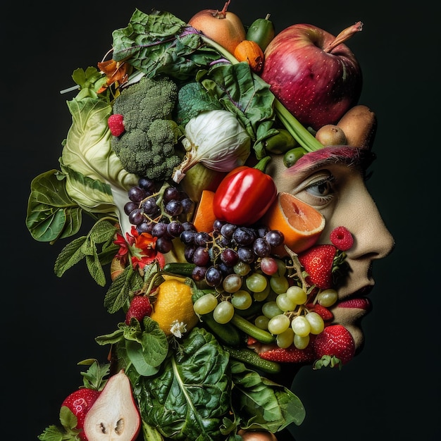 Artistic portrait merging a persons face with fresh fruits and vegetables