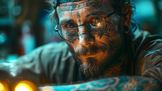 Photo artistic portrait of a tattoo artist in a dimly lit studio at night