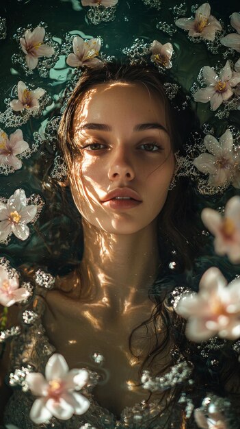 An artistic portrait of a woman surrounded by floating flowers her expression calm creating a dreamlike atmosphere