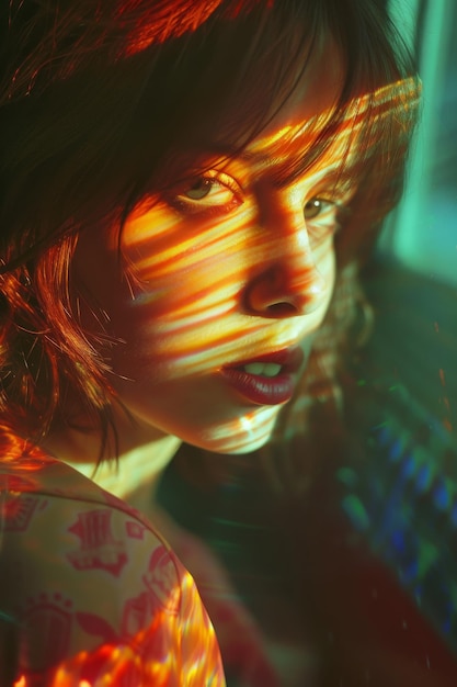 Photo artistic portrait of young attractive woman with dramatic light and lens flare effects