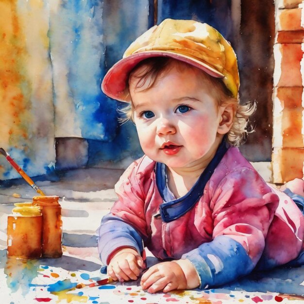 An artistic portrayal of a baby happily exploring the world of painting with a brush and palette