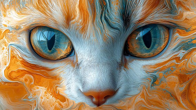 Photo artistic portrayal of a cat in marbling technique featuring teal and orange tones with realistic liquid motion and expressive facial features in ebru style