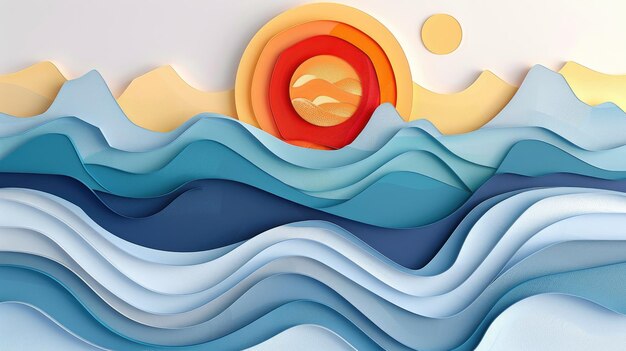 Photo an artistic portrayal of a landscape featuring colorful waves and the sun in the background aig62